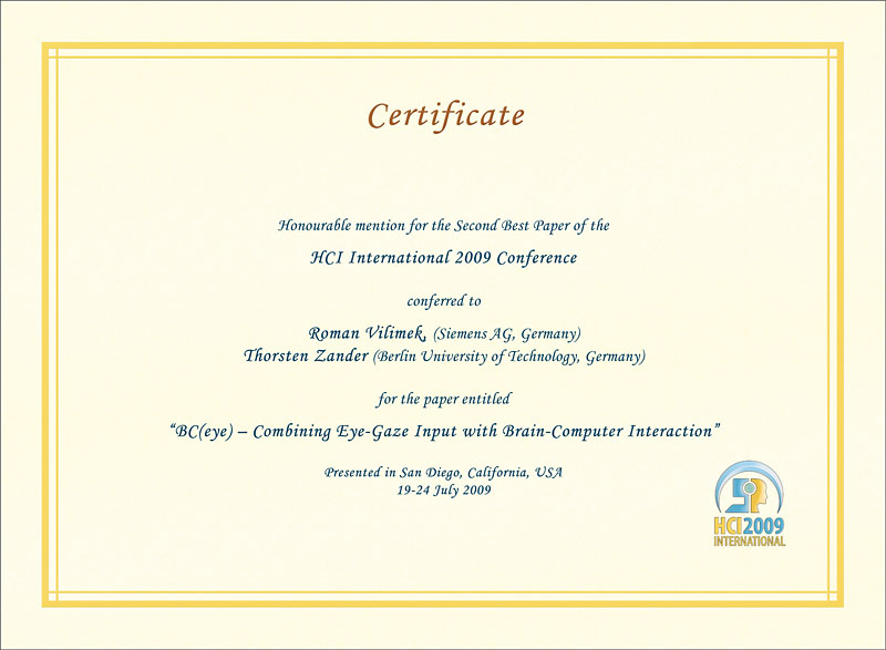 HCI International 2009 2nd Best Paper Certificate. Details in text following the image.