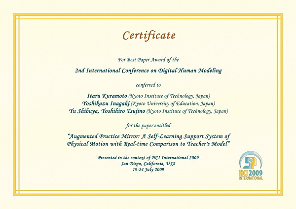 Certificate for best paper award of the 2nd International Conference on Digital Human Modeling. Details in text following the image