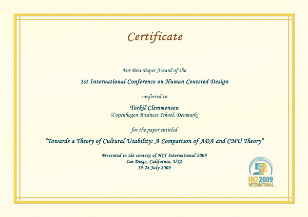 Certificate for best paper award of the 1st International Conference on Human Centered Design. Details in text following the image