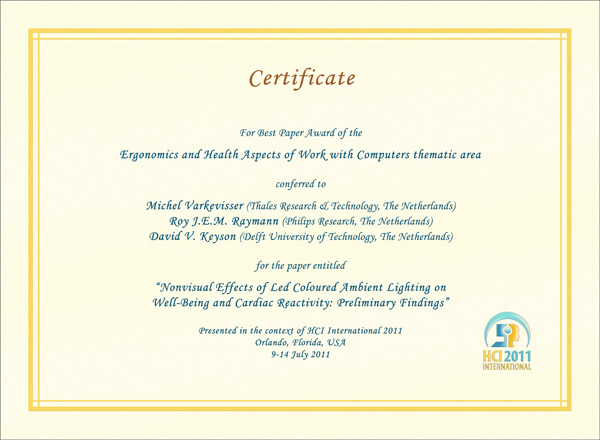 Certificate for best paper award of the Ergonomics and Health Aspects of Work with Computers thematic area. Details in text following the image