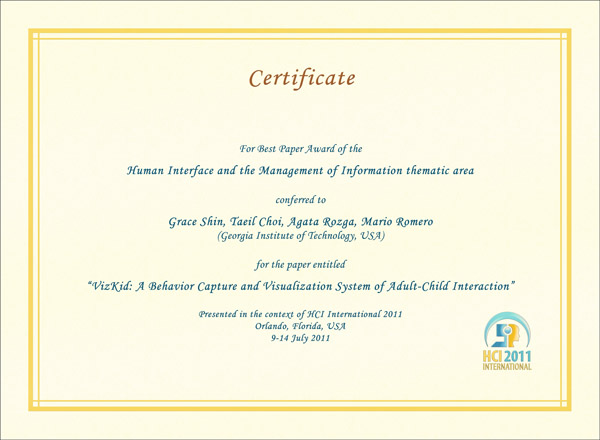 Certificate for best paper award of the Human Interface and the Management of Information thematic area. Details in text following the image