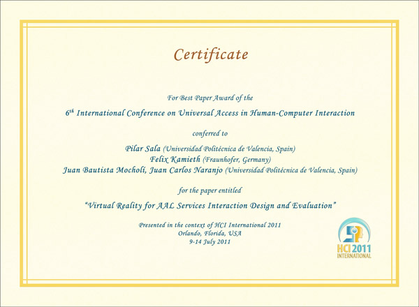 Certificate for best paper award of the 6th International Conference on Universal Access in Human-Computer Interaction. Details in text following the image