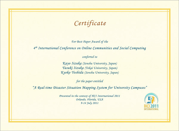 Certificate for best paper award of the 4th International Conference on Online Communities and Social Computing. Details in text following the image