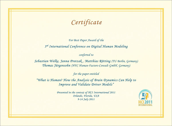Certificate for best paper award of the 3rd International Conference on Digital Human Modeling. Details in text following the image