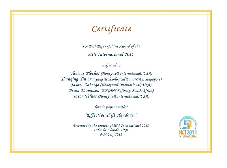 HCI International 2011 Best Paper Certificate. Details in text following the image.