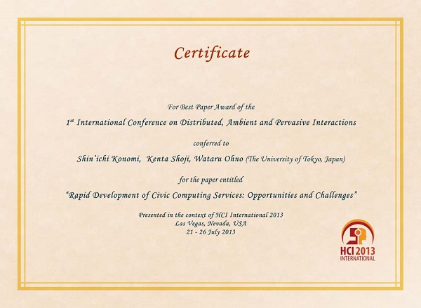 Certificate for best paper award of the 1st International Conference on Distributed, Ambient and  Pervasive Interactions. Details in text following the image