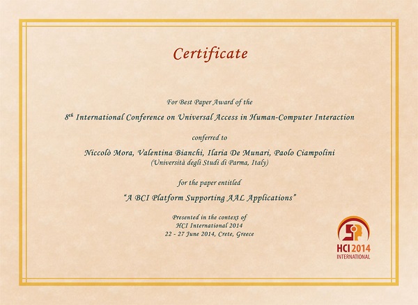 Certificate for best paper award of the 8th International Conference on Universal Access in Human-Computer Interaction. Details in text following the image