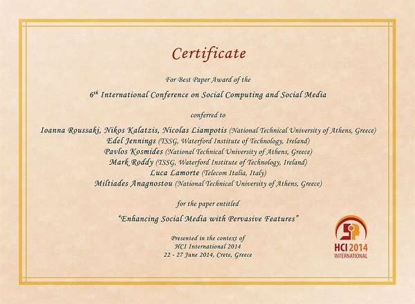 Certificate for best paper award of the 6th International Conference on Social Computing and Social Media. Details in text following the image