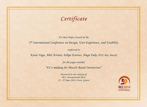 Certificate for best paper award of the 3rd International Conference on Design, User Experience and Usability. Details in text following the image