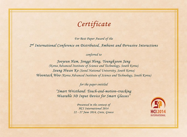 Certificate for best paper award of the 2nd International Conference on Distributed, Ambient and Pervasive Interactions. Details in text following the image