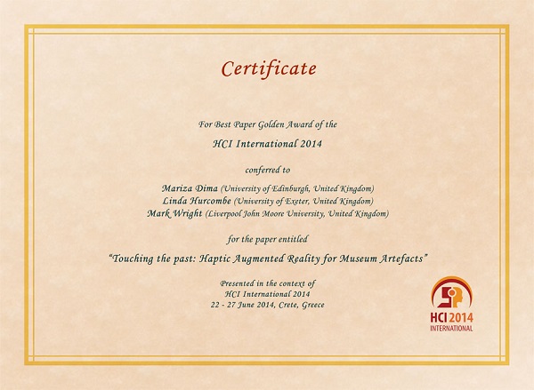 HCI International 2014 Best Paper Certificate. Details in text following the image