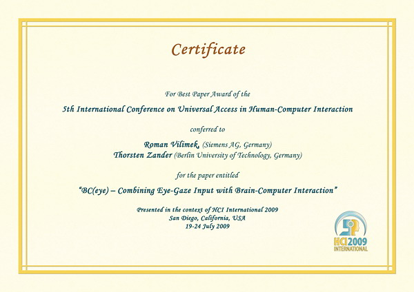 Certificate for best paper award of the 5th International Conference on Universal Access in Human-Computer Interaction. Details in text following the image
