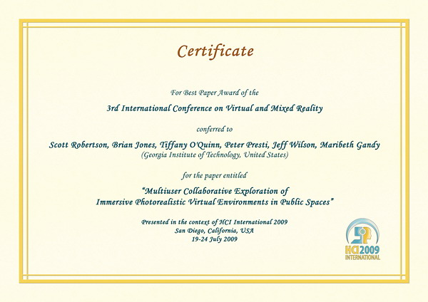 Certificate for best paper award of the 3rd International Conference on Virtual and Mixed Reality. Details in text following the image