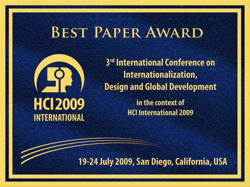 3rd International Conference on Internationalization, Design and Global Development Best Paper Award. Details in text following the image.