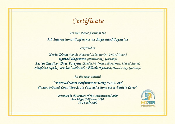 Certificate for best paper award of the 5th International Conference on Augmented Cognition. Details in text following the image